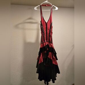 Never Worn Elegant Red and Black Latex Salsa Ruffled Halter Dress